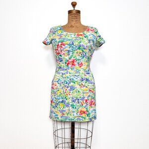 Vintage 90s Jonathan Martin Floral Short Sleeve Cotton Mini Dress Size 7 Small